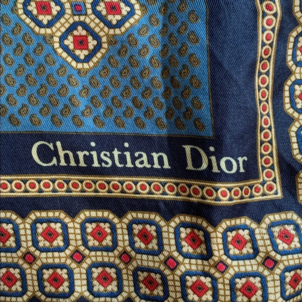 Vintage Christian Dior Silk Geometric Print Scarf | Blue Dior Silk Scarf